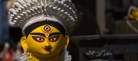 Close up of colorful face of Goddess Durga